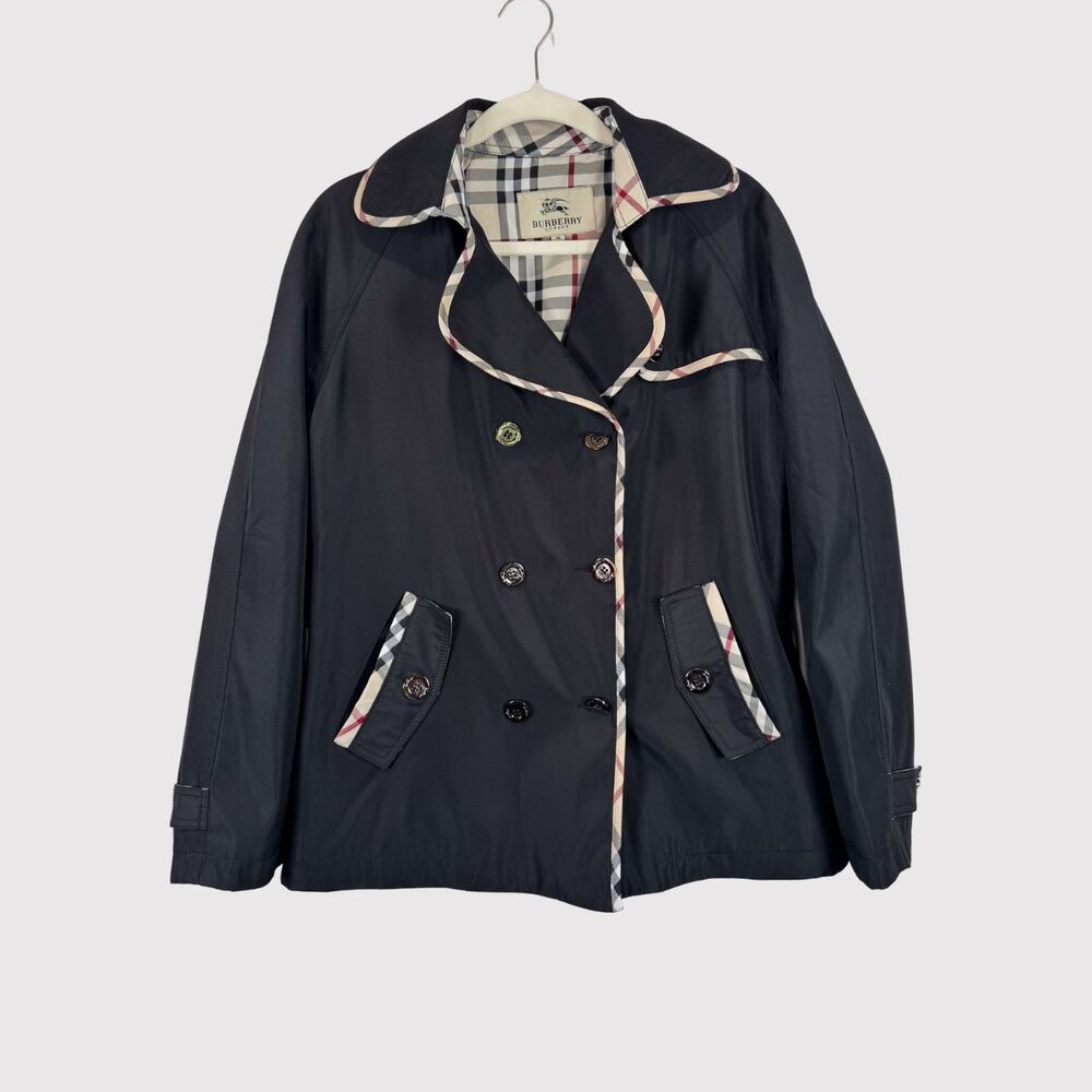 Burberry Womens Rain Coat Black Nova Check Double Breasted Jacket 90s XL